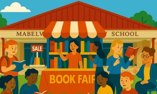Neighborhood bookshelf at Mabelvale Elementary with colorful art and children choosing books.